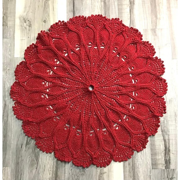 Handmade Other - Vintage Handmade Red Crochet Christmas Tree Skirt Metallic Pineapple Lace 40in
